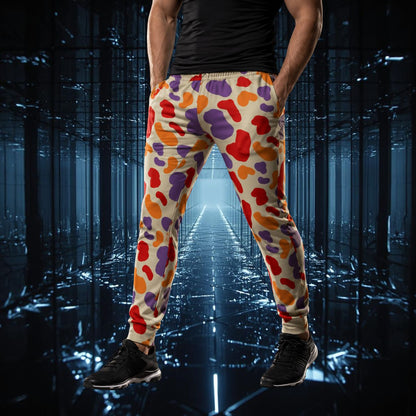 Person wearing colorful 90s patterned jogging pants standing in a futuristic, tunnel-like setting.
