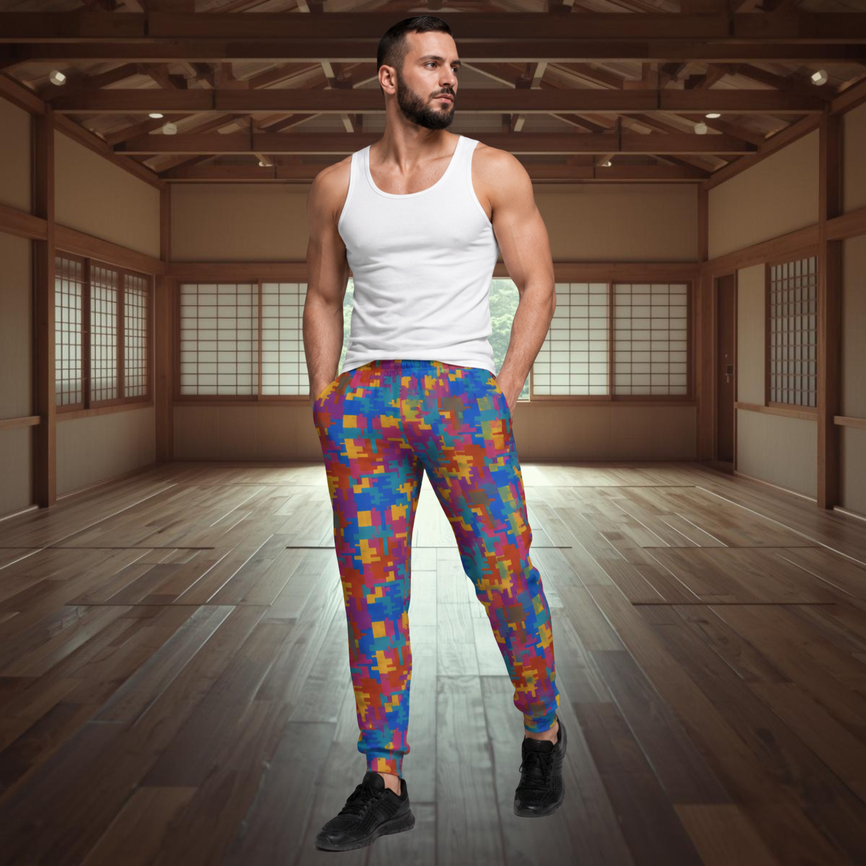 Man wearing a white tank top and colorful patterned jogging pants in a wooden room.
