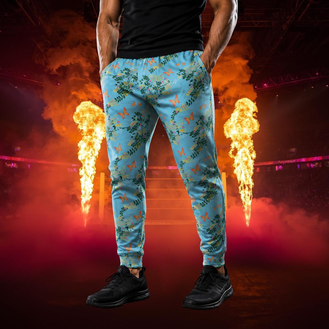 Person wearing blue floral jogging pants with a fiery background