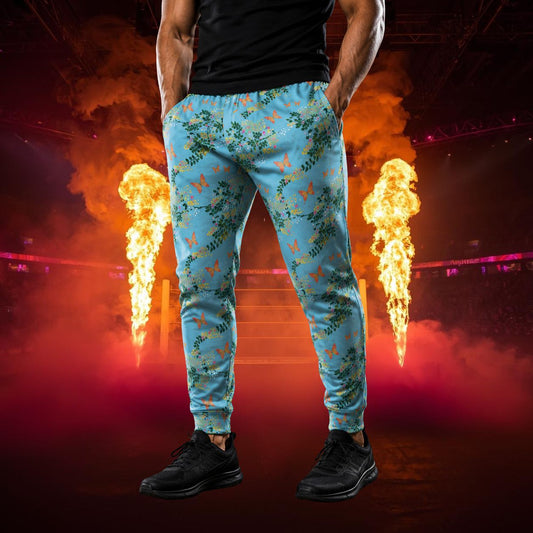 Person wearing blue floral jogging pants with a fiery background