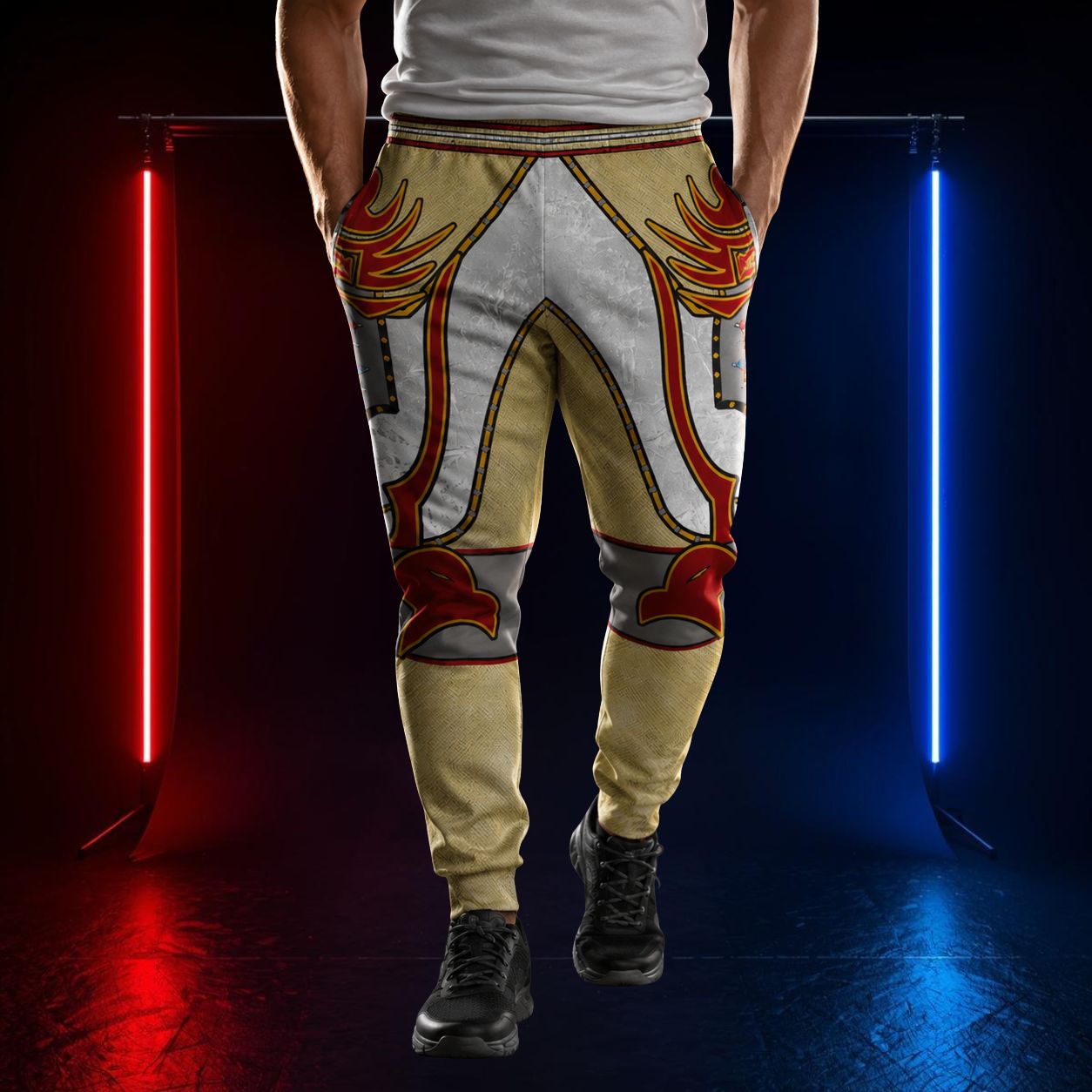 man wearing patriotic american eagle joggers in gold and red