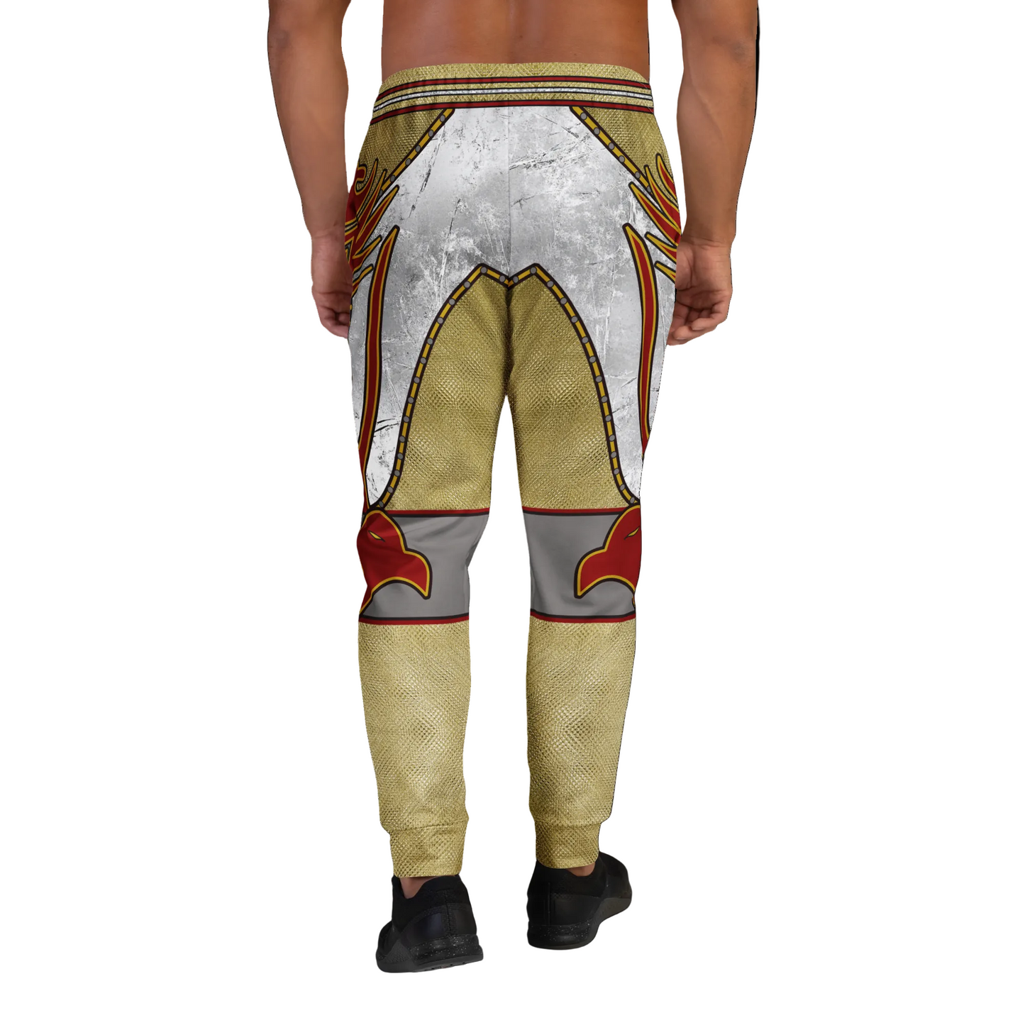 Person wearing a unique patterned pants on a white background