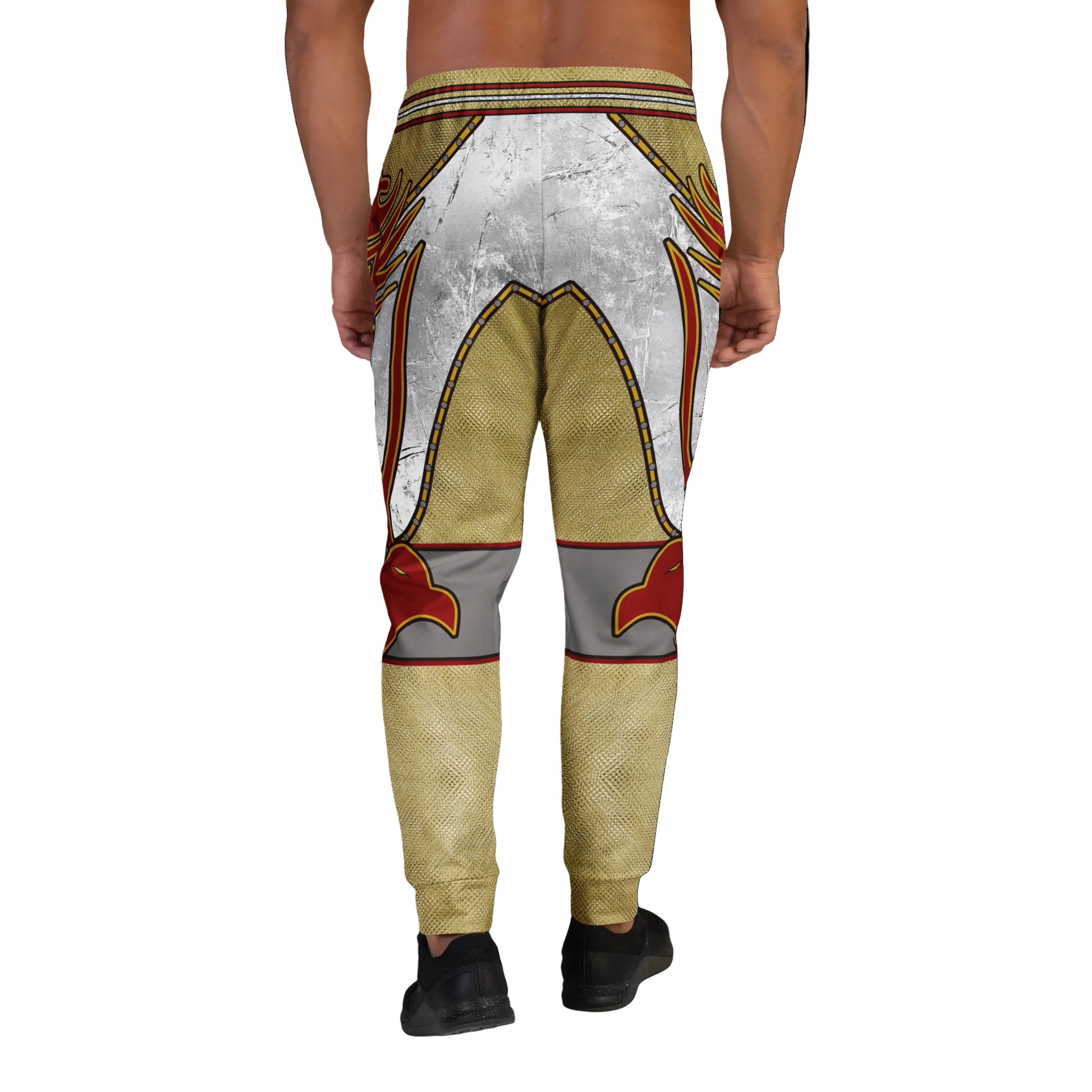 Person wearing a unique patterned pants on a white background