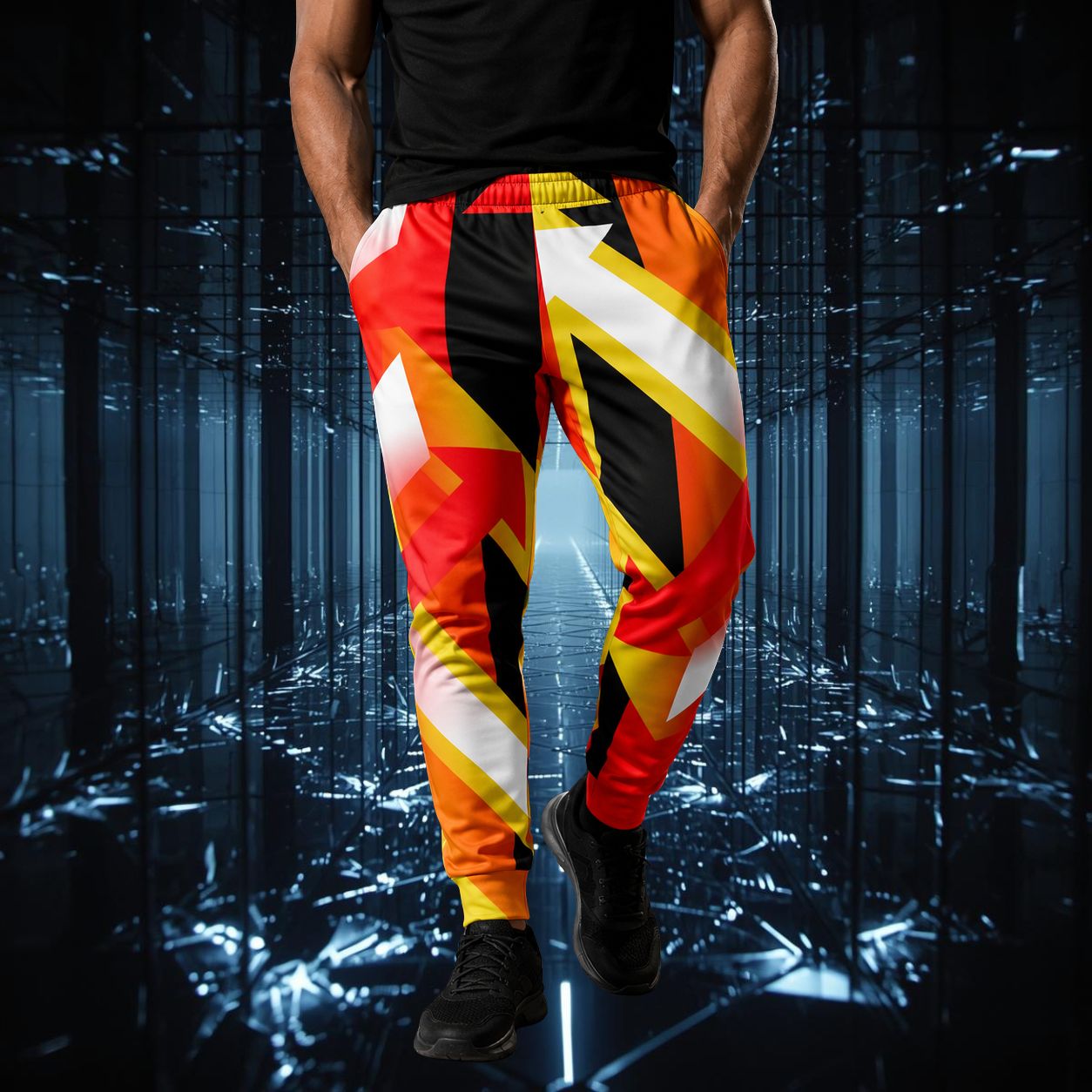 Person wearing colorful orange, yellow, white and black geometric-patterned jogging pants with a dark cityscape background