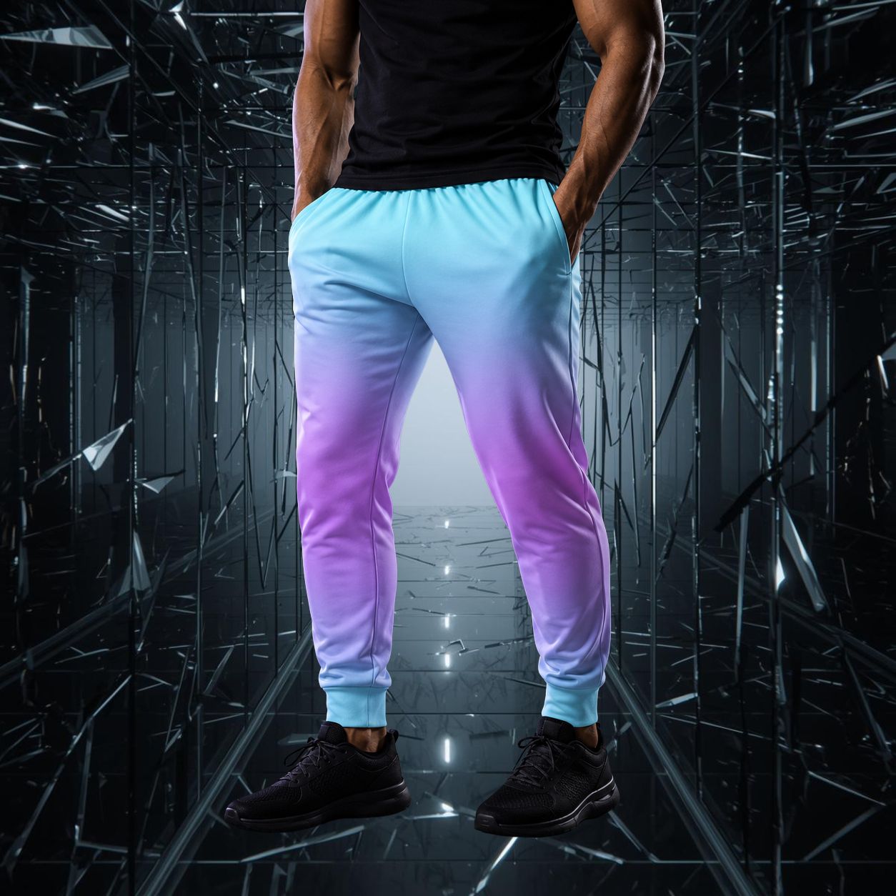 Person wearing gradient joggers pants in a futuristic setting