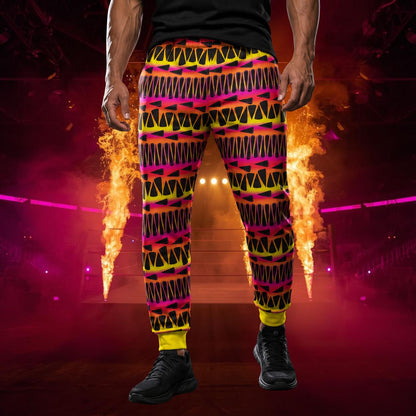 Person wearing colorful geometric patterned pants with a fiery background
