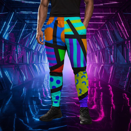 Person wearing 80s memphis style colorful jogging pants with geometric patterns in a futuristic setting with neon lights.