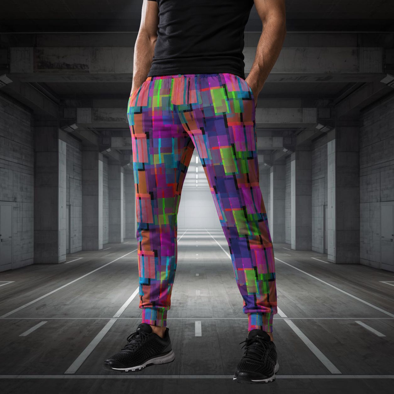 Person wearing colorful checkered jogging pants in an urban setting