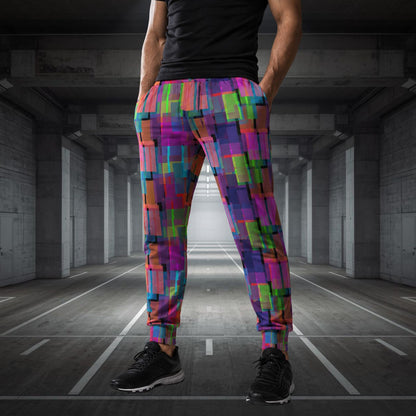 Person wearing colorful checkered jogging pants in an urban setting