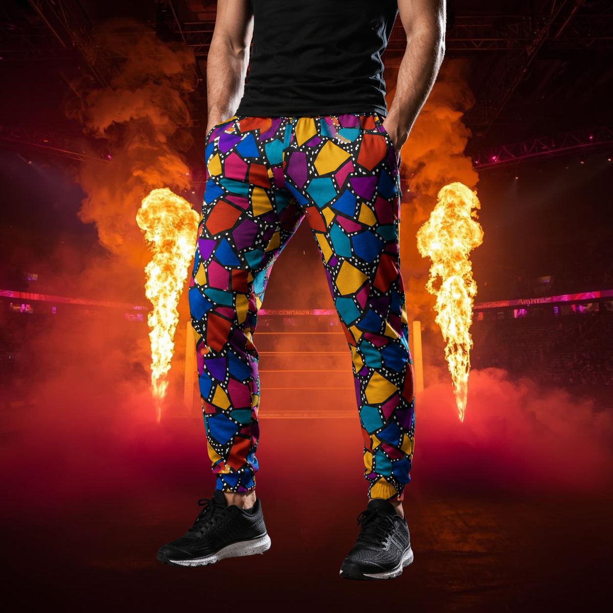 Person wearing colorful memphis patterned jogging pants with fire and smoke effects in the background