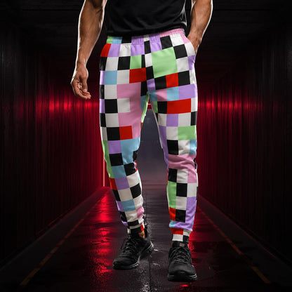 Person wearing colorful pastel goth checkered jogging pants in a dark setting with red lighting.