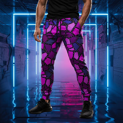 Person wearing purple patterned pants in a futuristic setting with neon lights.