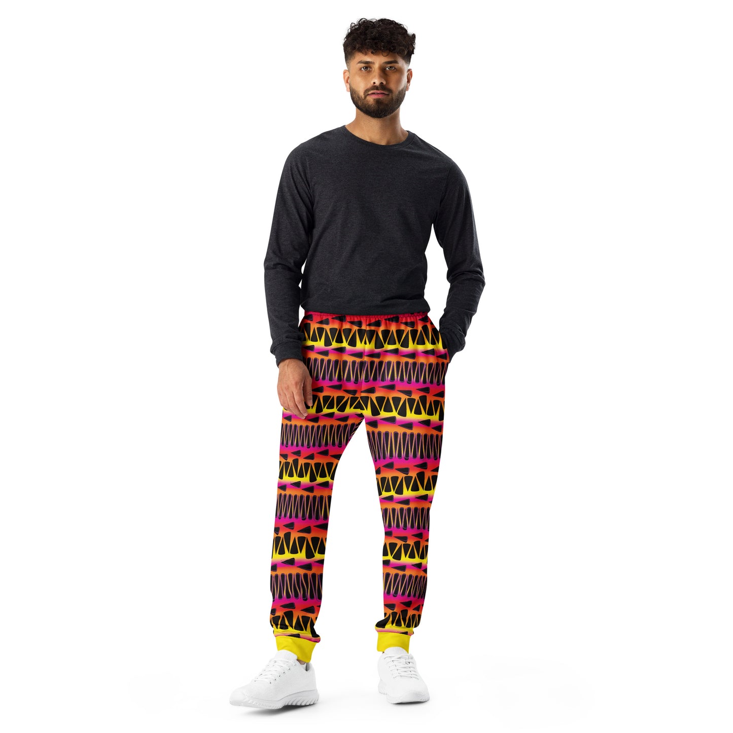 Macho Fire wrestling-inspired joggers front view, retro 80s geometric flame pattern