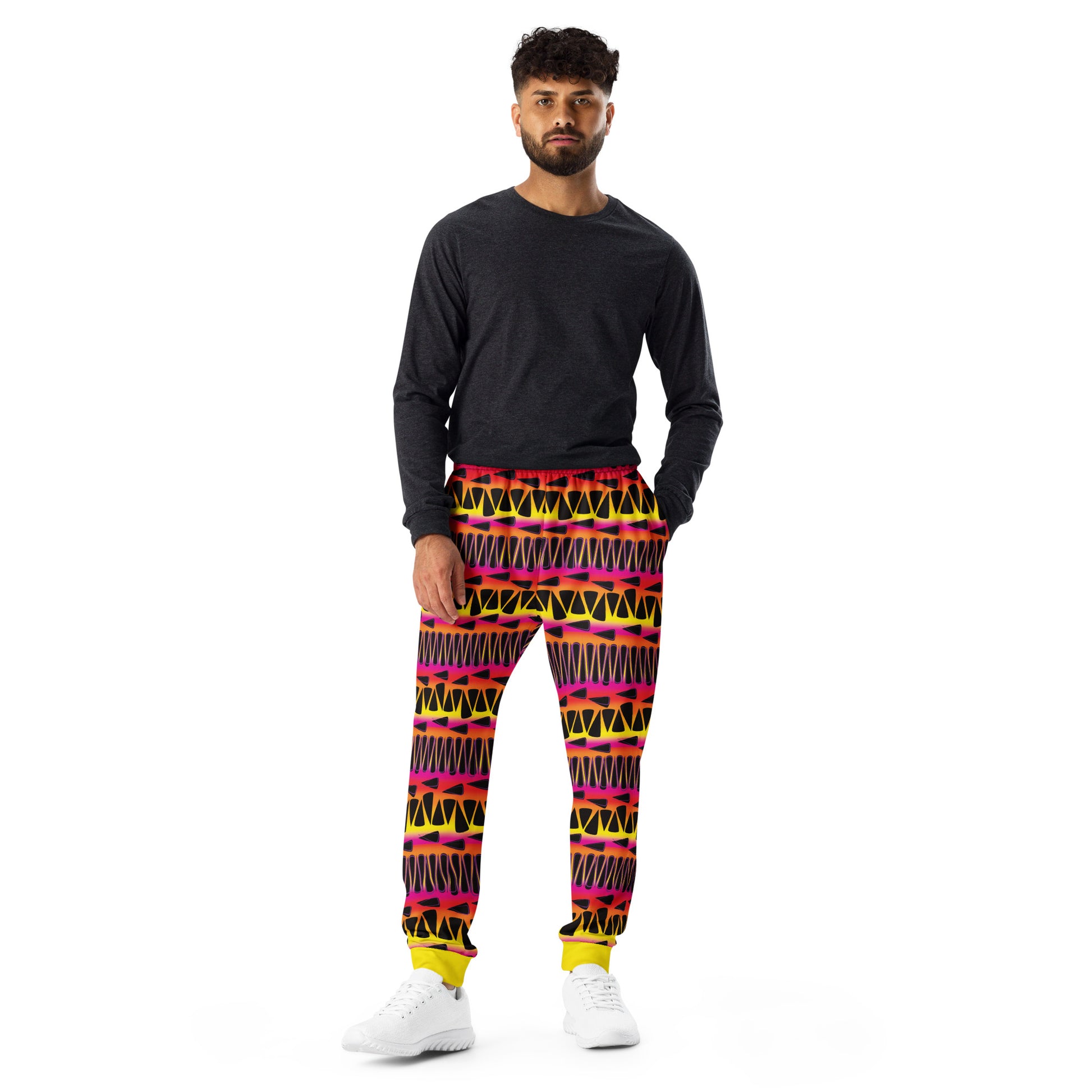 Macho Fire wrestling-inspired joggers front view, retro 80s geometric flame pattern