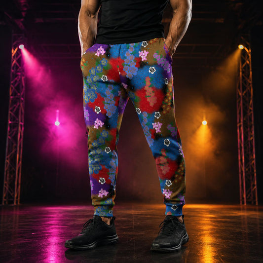Man wearing joggers in a retro rainbow coloured cottagecore inspired floral nature pattern.