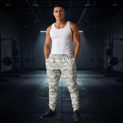 Man wearing a white tank top and pastel geometric patterned pants in a gym setting