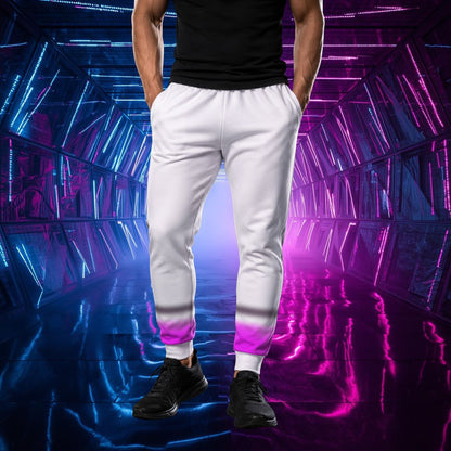 Person wearing a black tank top, white jogging pants, and black shoes standing in a futuristic, neon-lit corridor.