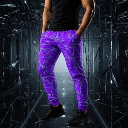 Person wearing purple geometric synthwave patterned jogging pants in a dark, reflective environment