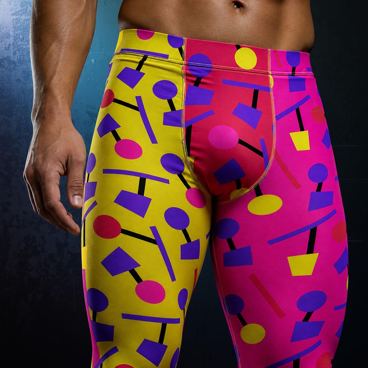 Colorful geometric-patterned 80s memphis design leggings on a person against a dark background