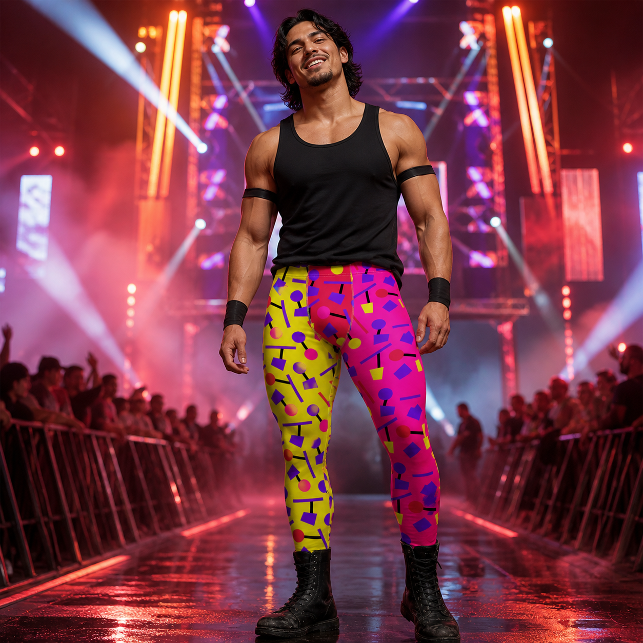 Man in colorful pants and black tank top on a wrestling arena entrance stage with vibrant lights