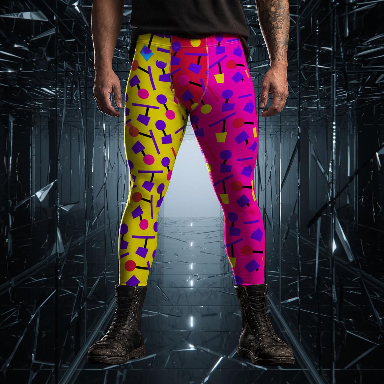 Person wearing colorful 80s Memphis style leggings with a geometric pattern in a dark, futuristic setting.