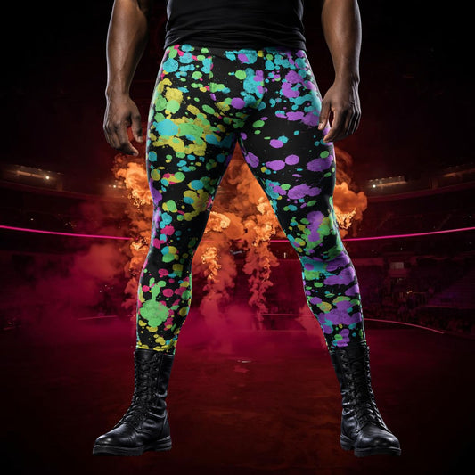 Man wearing black leggings with rainbow ink splash design in LGBT colors