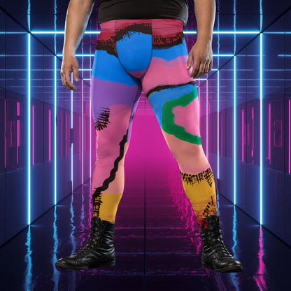 man wearing bold leggings in abstract art design