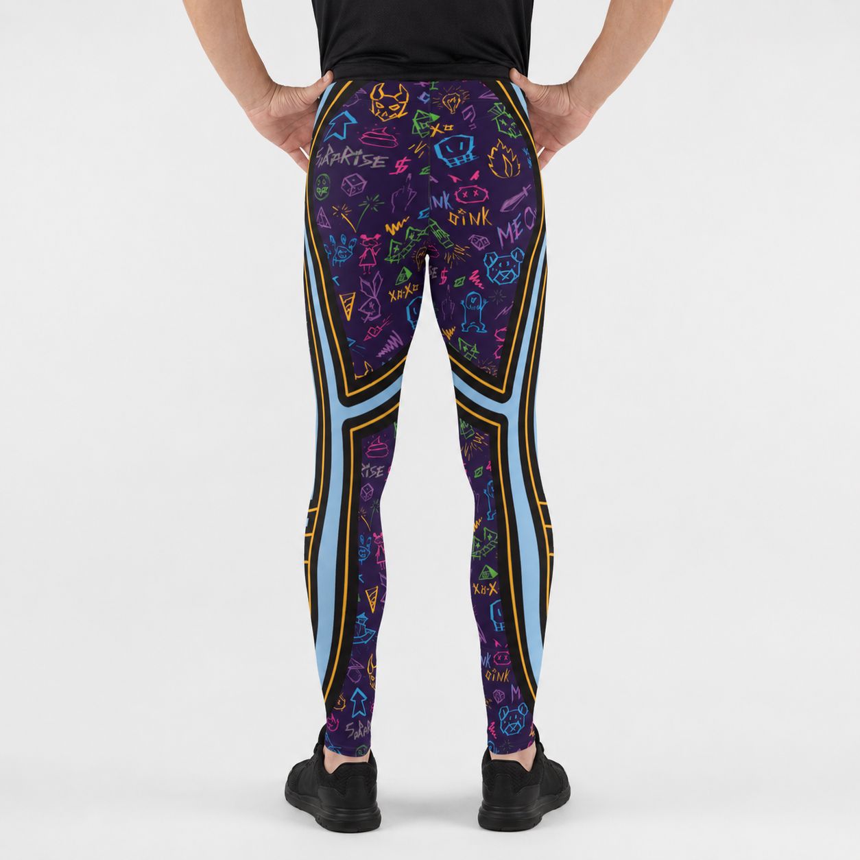 Person wearing colorful lucha libre leggings with a retro memphis design and alien motif, facing backward on a white background