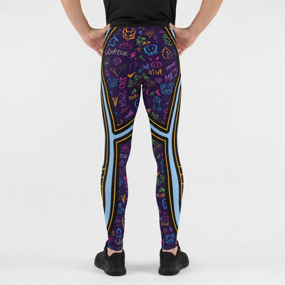 Person wearing colorful lucha libre leggings with a retro memphis design and alien motif, facing backward on a white background