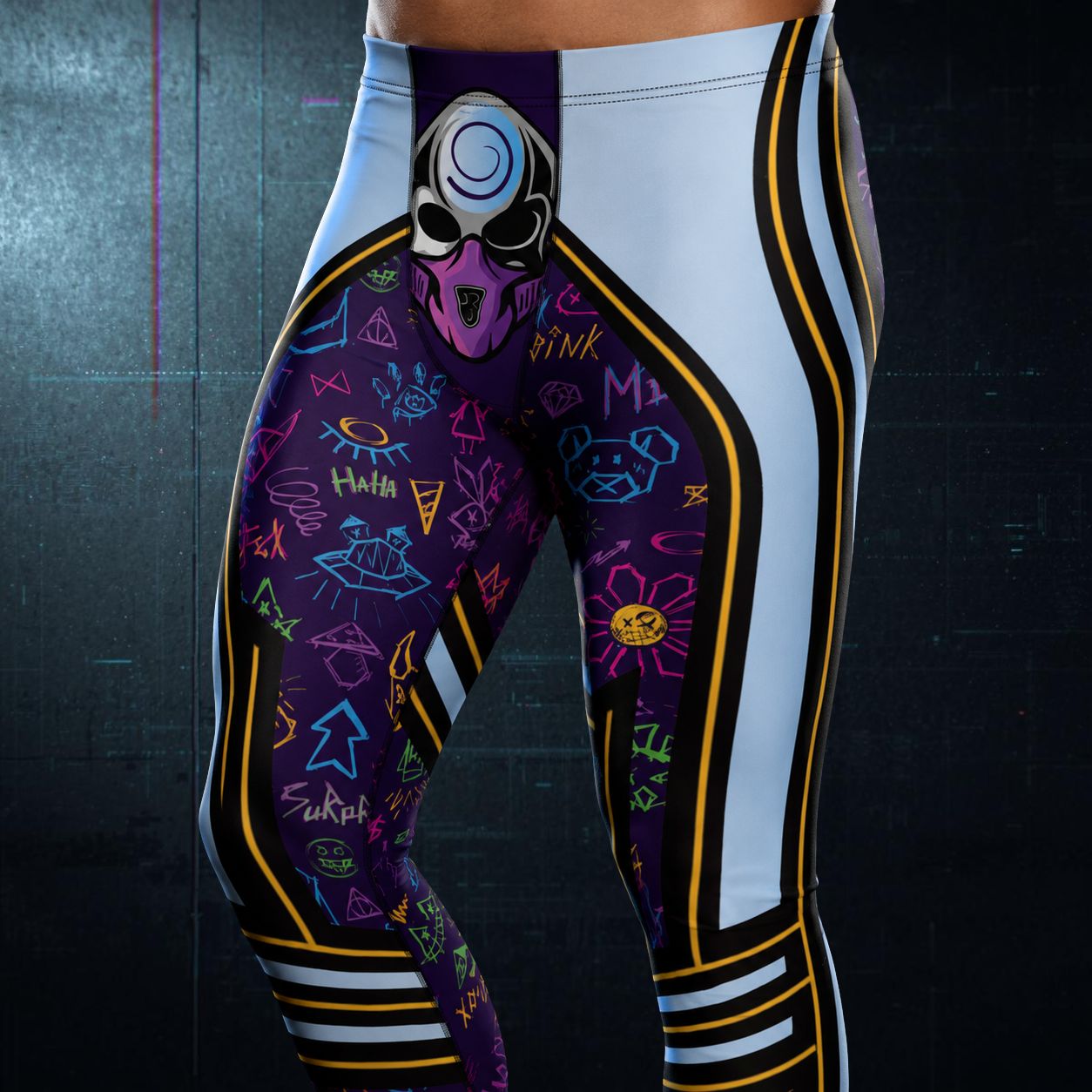 Closeup detail of lucha libre wrestling leggings with abstract Memphis designs and alien motifs on a dark background