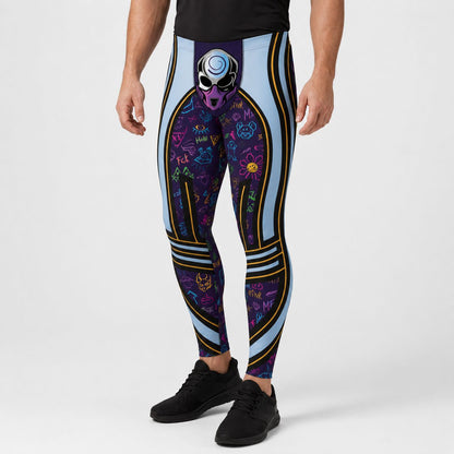 Person wearing colorful lucha libre leggings with a retro memphis design and alien motif on a white background