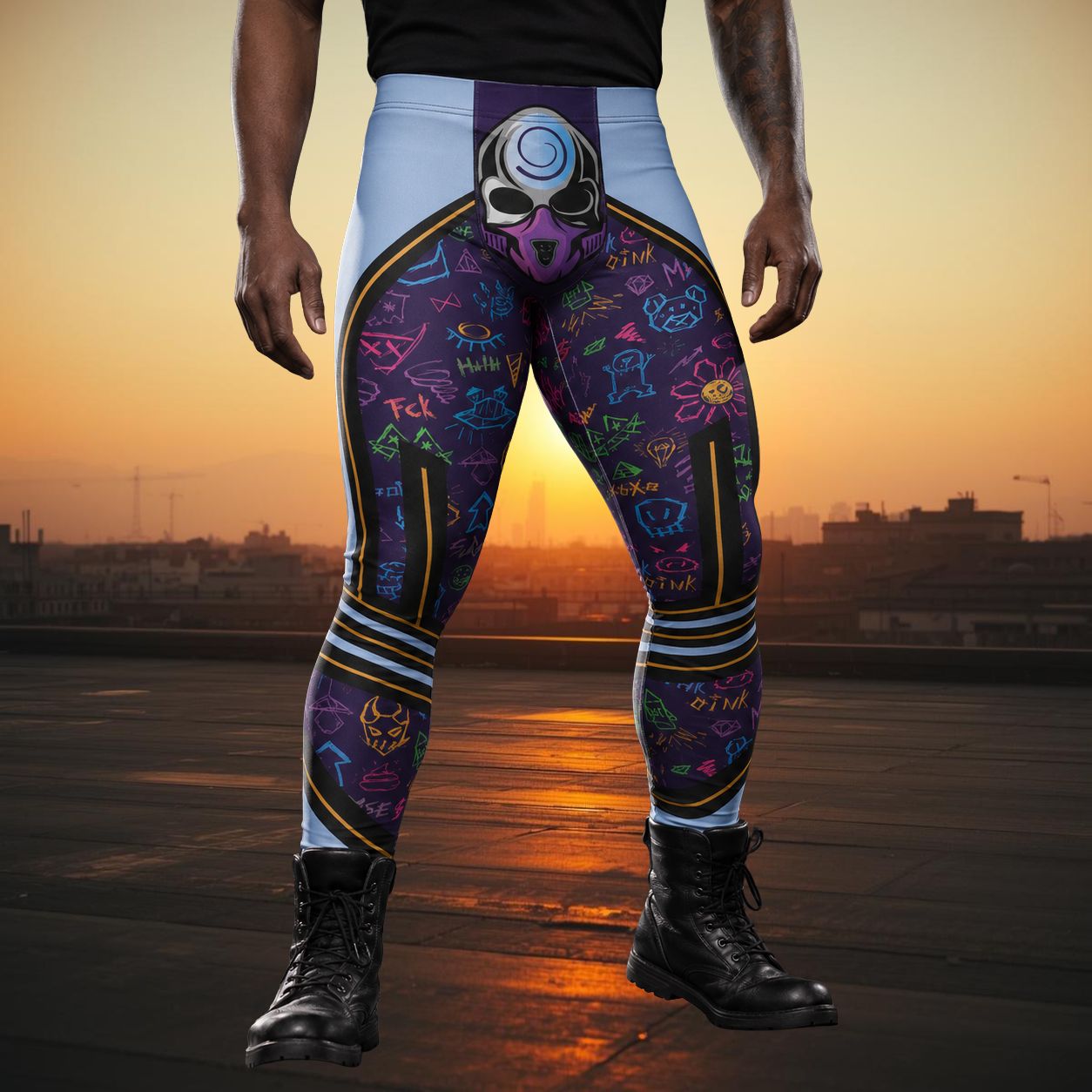 Person wearing colorful luchador inspired wrestling leggings with a skull design on a Mexican rooftop at sunset.