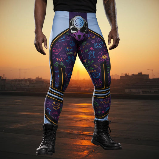 Person wearing colorful luchador inspired wrestling leggings with a skull design on a Mexican rooftop at sunset.