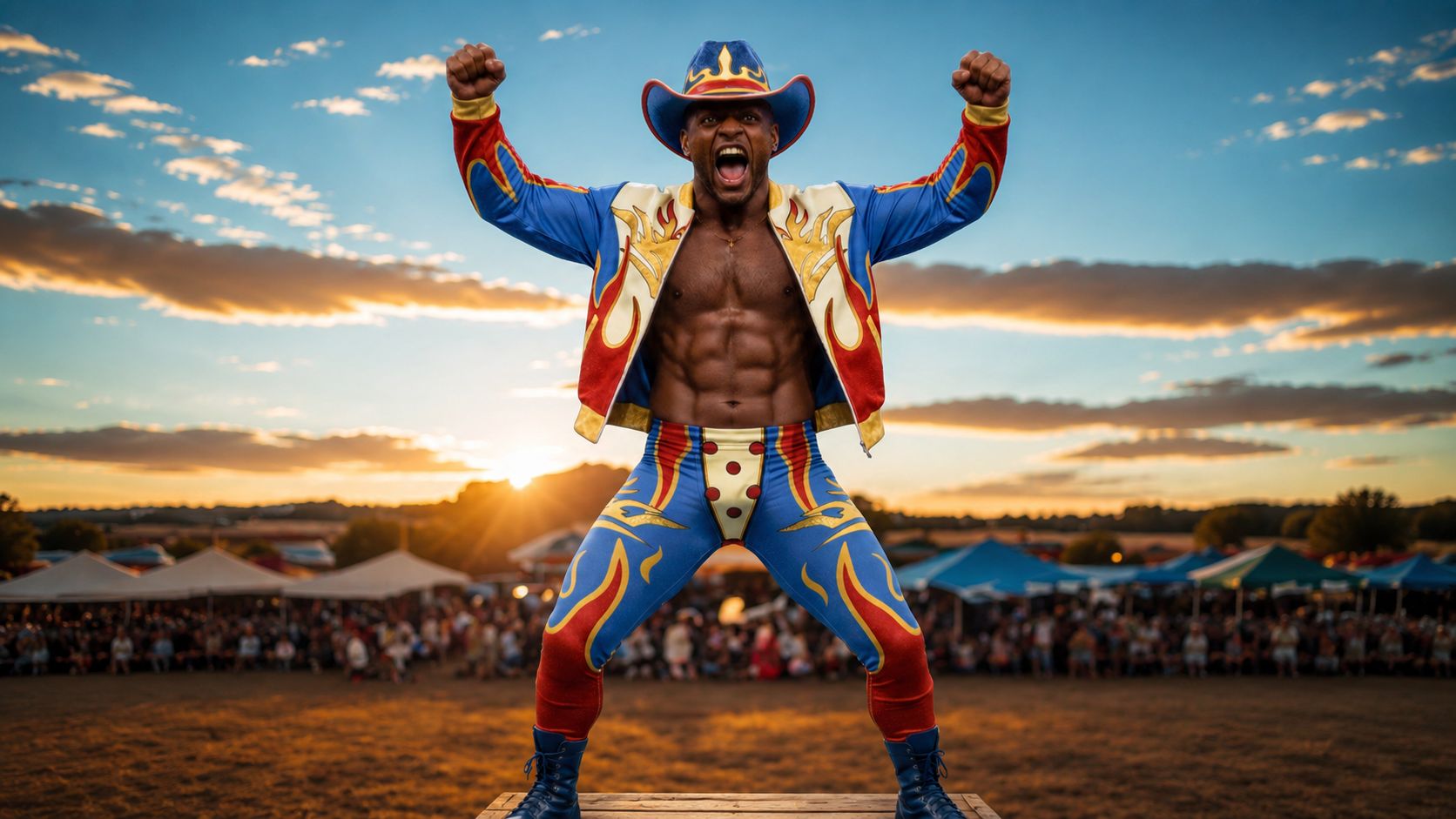 
                Men's American Hero wrestling tights and entrance gear for festivals and fashion
              