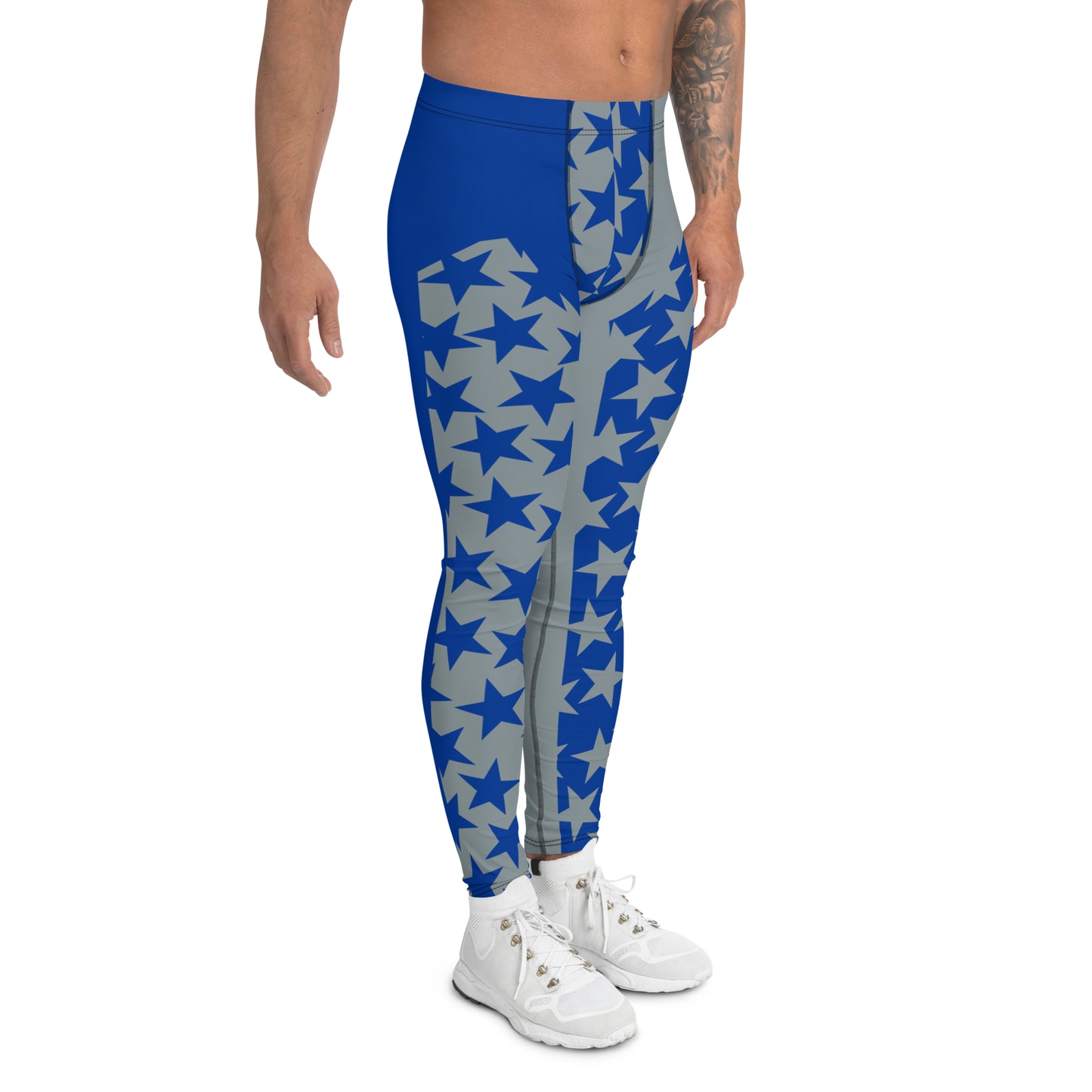 Men's leggings in blue and silver with inset alternate stars at the front. NFL American football gear with ankle length legs and mid rise elasticated waist band.