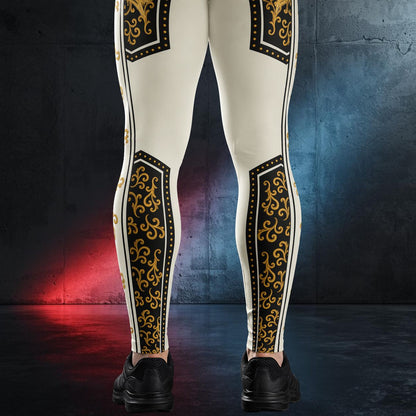Leggings with gold and black patterns worn by a person against a dark background