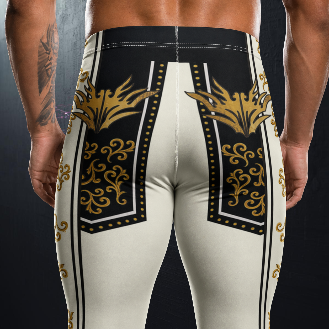 White wrestling pants in retro all american hero with gold accents worn by a person on a dark background - rear view