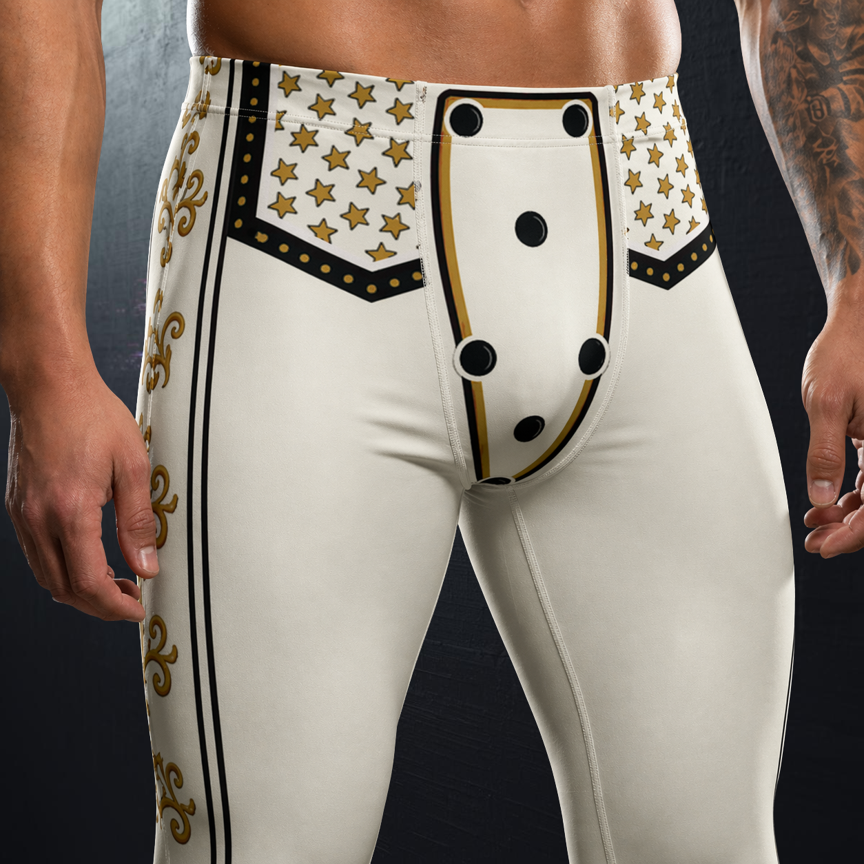 White wrestling pants in retro all american hero with gold accents worn by a person on a dark background - closeup front