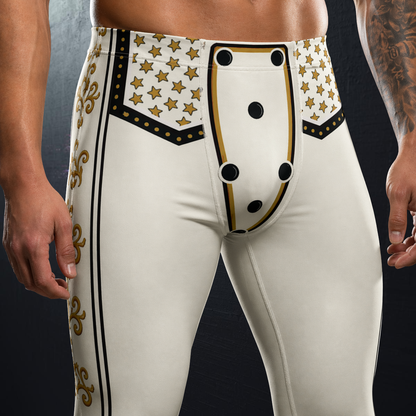 White wrestling pants in retro all american hero with gold accents worn by a person on a dark background - closeup front