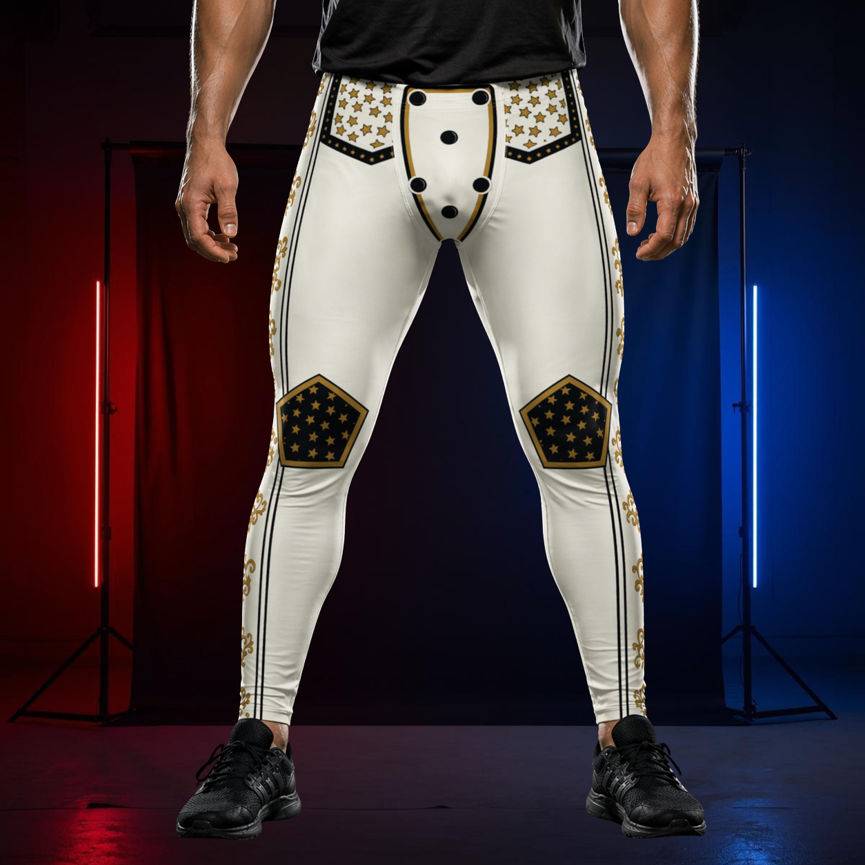 White wrestling pants in retro all american hero with gold accents worn by a person on a dark background
