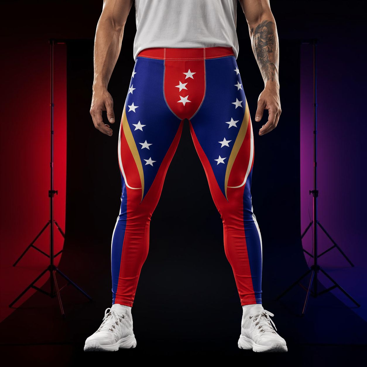 Person wearing a patriotic wrestling tights with American flag design on a dark background