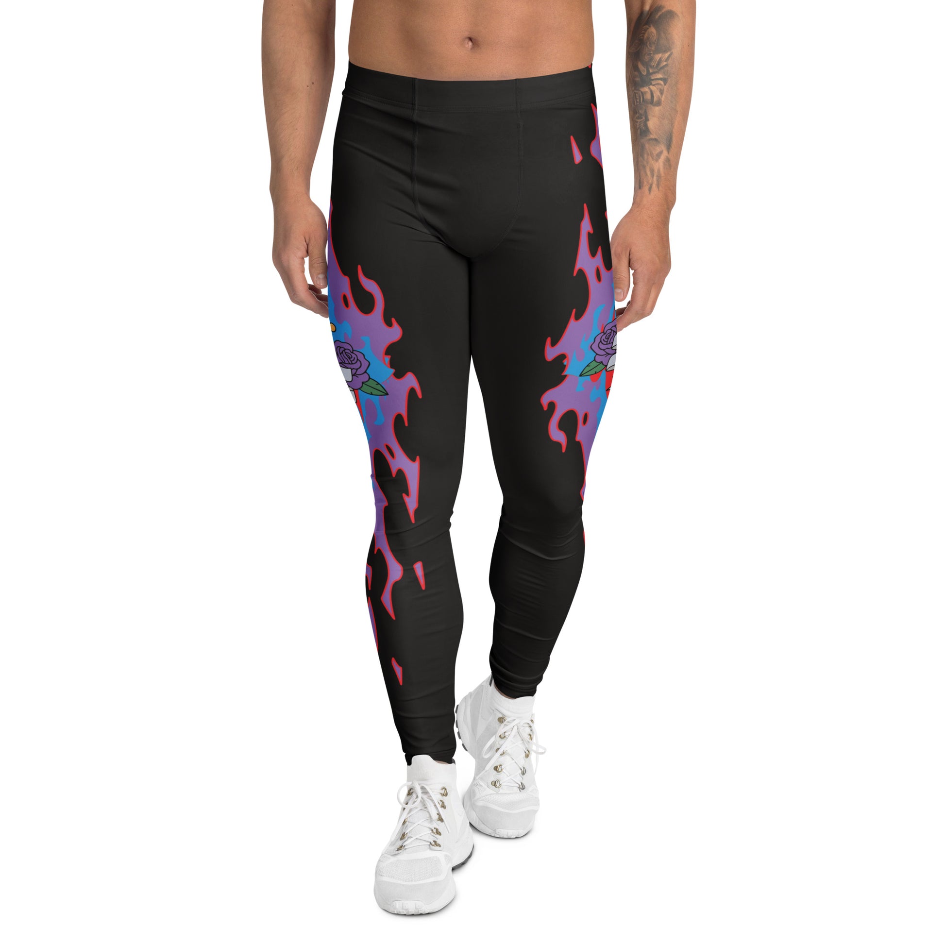 Bold men's wrestling cosplay leggings in an anime gothic horror style featuring a flaming sword and medieval warrior motifs. Perfect for cosplay, gym wear, and bold wrestling looks.