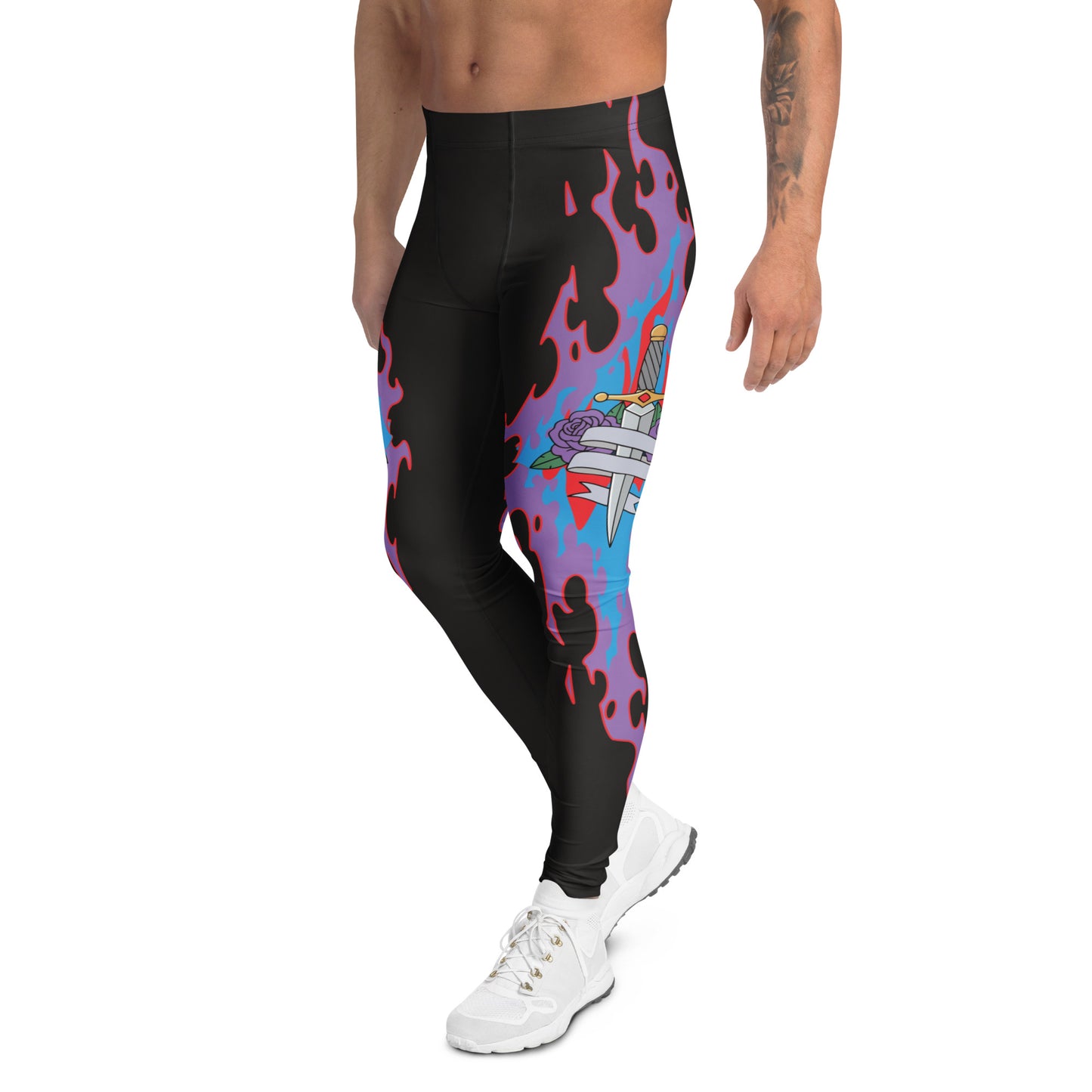 Man wearing wrestling cosplay tights with sword, rose, and flame design in bold purple, red, and black spandex. Left view.