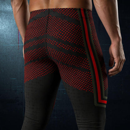 Person wearing black and red patterned leggings on a dark background - rear view
