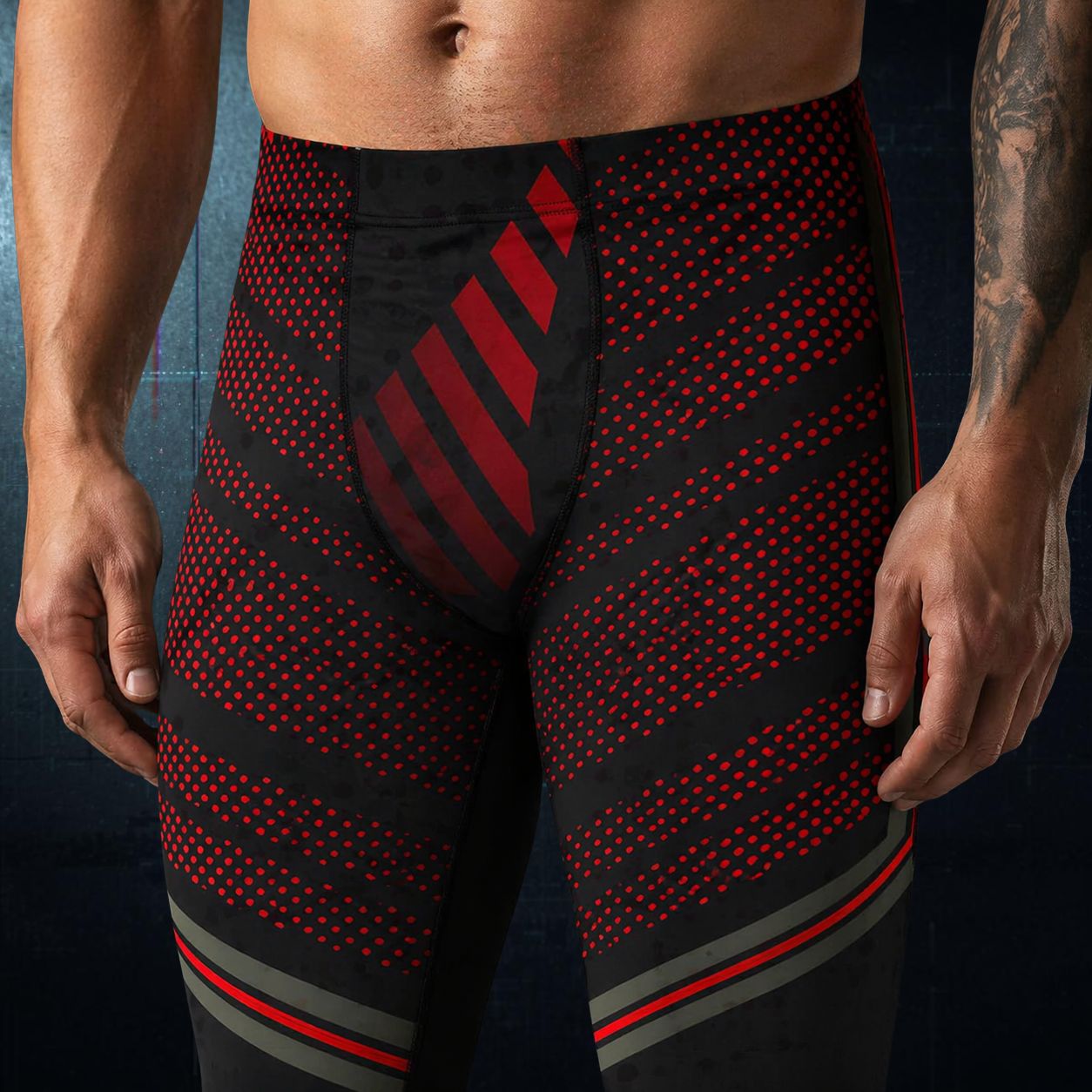 Black and red patterned leggings worn by a person on a dark background - front view