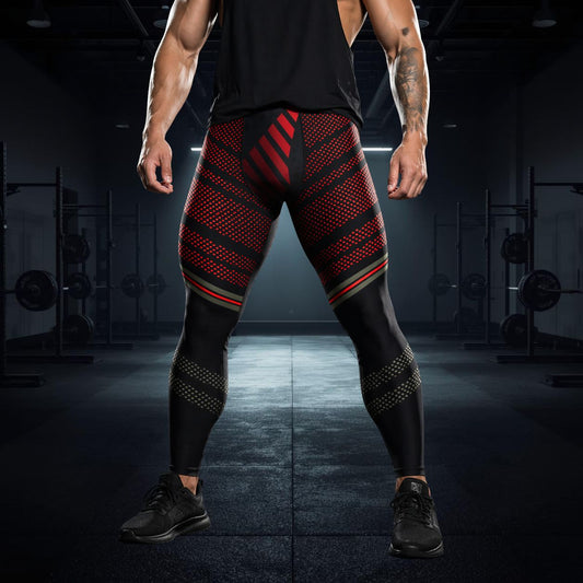 Person wearing black and red patterned gym leggings in a gym setting