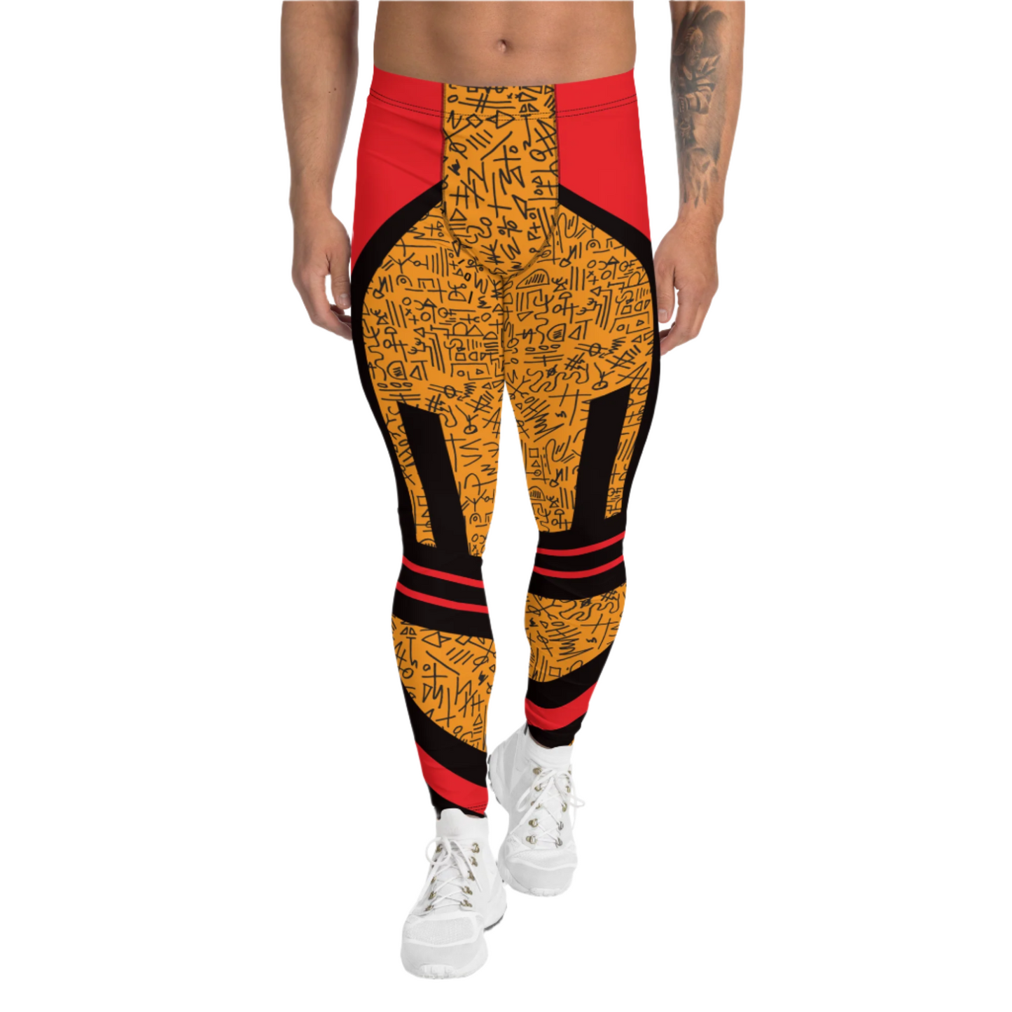 Mens Leggings Sports Leggings, Bjj Compression Spats, Gym Tights, Running Pants, Pro Wrestling Gear, Weightlifting Leggings, Pilates Pant. Orange memphis design retro 80s style meggings for guys for gym, pilates or as bjj grappling spats. Fun sexy gear