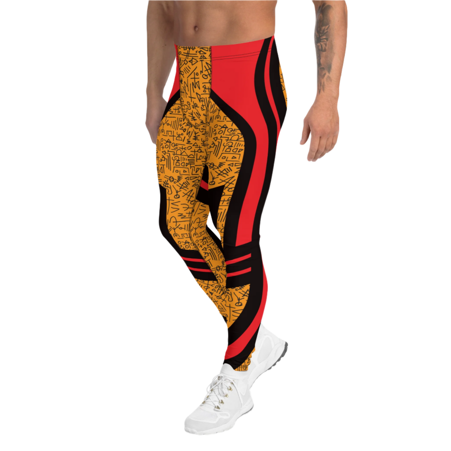 Mens Leggings Sports Leggings, Bjj Compression Spats, Gym Tights, Running Pants, Pro Wrestling Gear, Weightlifting Leggings, Pilates Pant. Orange memphis design retro 80s style meggings for guys for gym, pilates or as bjj grappling spats. Fun sexy gear