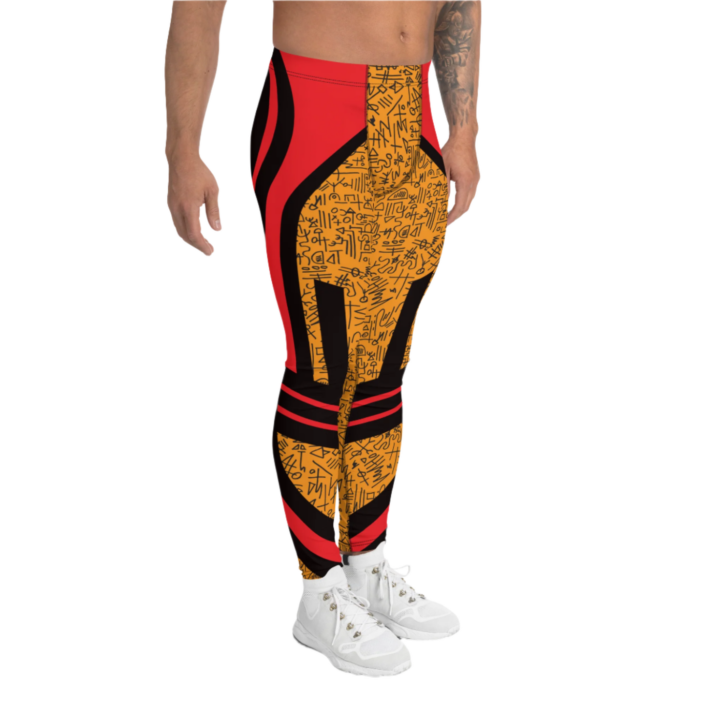 Mens Leggings Sports Leggings, Bjj Compression Spats, Gym Tights, Running Pants, Pro Wrestling Gear, Weightlifting Leggings, Pilates Pant. Orange memphis design retro 80s style meggings for guys for gym, pilates or as bjj grappling spats. Fun sexy gear