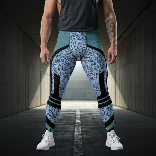 Person wearing blue patterned leggings with black accents in a tunnel setting